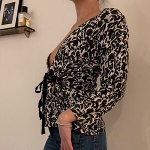 Carole little Vintage Black & Cream Floral Tie-Front Wrap Top